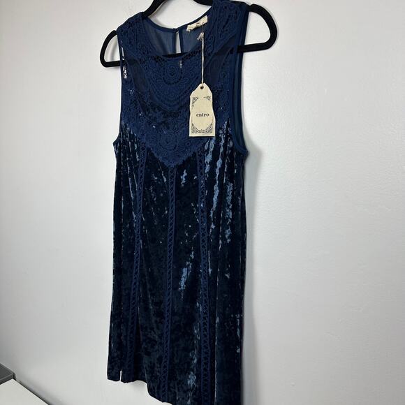 NWT Entro Womens Crochet Lace Velvet Navy Blue Sleeveless Mini Shift Dress Small - Picture 4 of 9